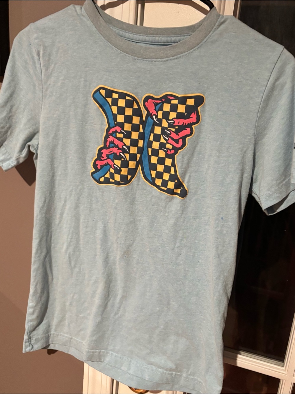 Hurley Light Blue Tee with Checkerboard Monster Graphic